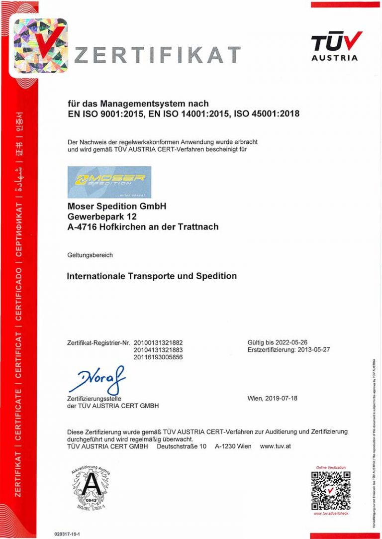 Moser Spedition Zertifikat DE