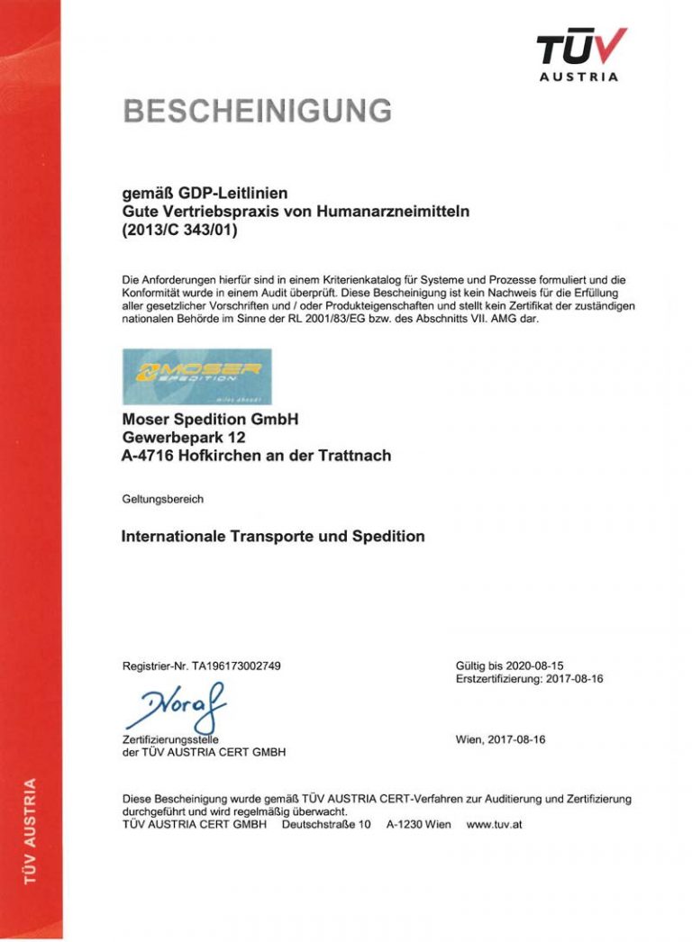 Moser Spedition Zertifikat DE